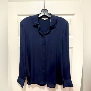 Vince Slim Fitted Stretch Silk Coastal Blue Blouse